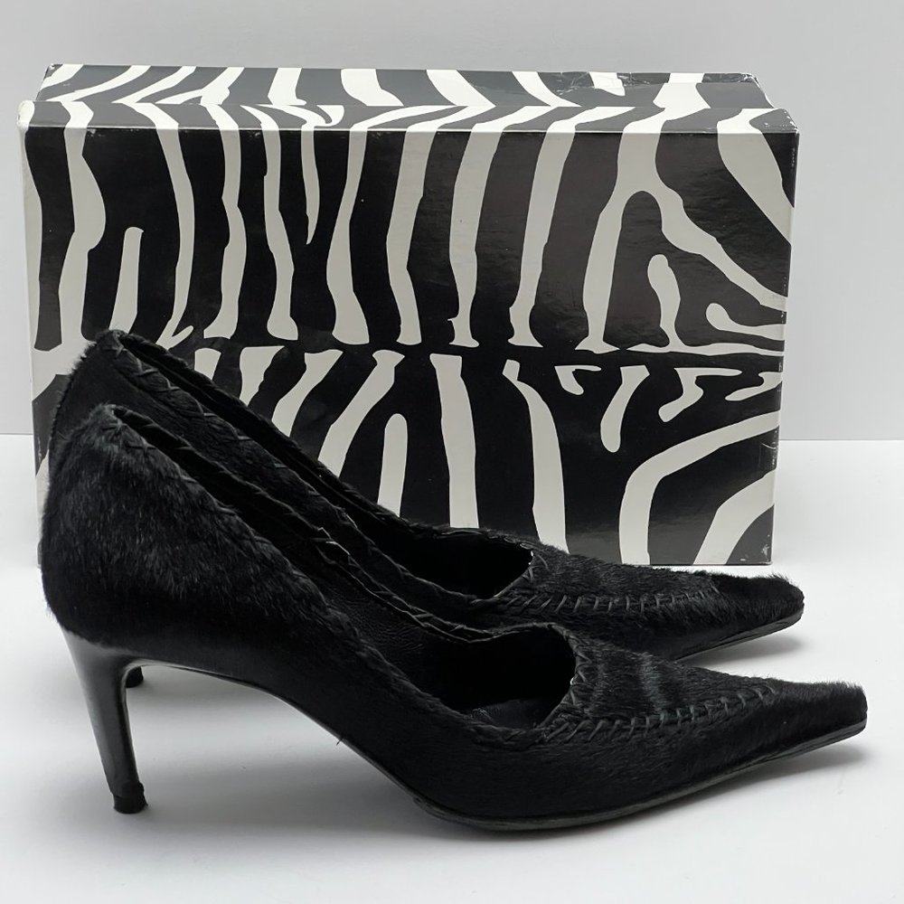 💖Italian Black Genuine Fur Leather Heels by Work In Progress Size 7 - Picture 6 of 10